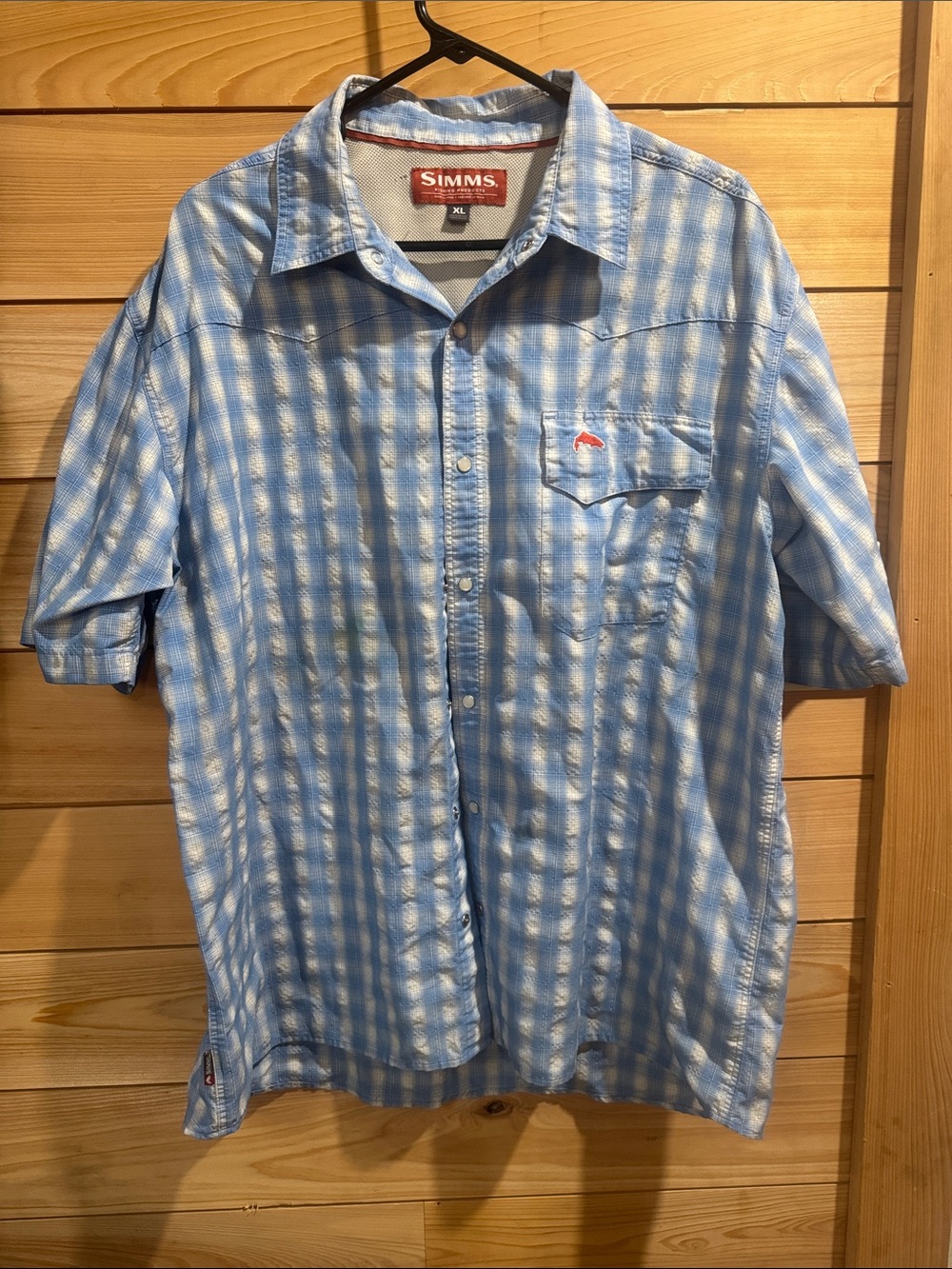 Simms Light Blue and White Plaid Short-Sleeve Button-Down Shirt